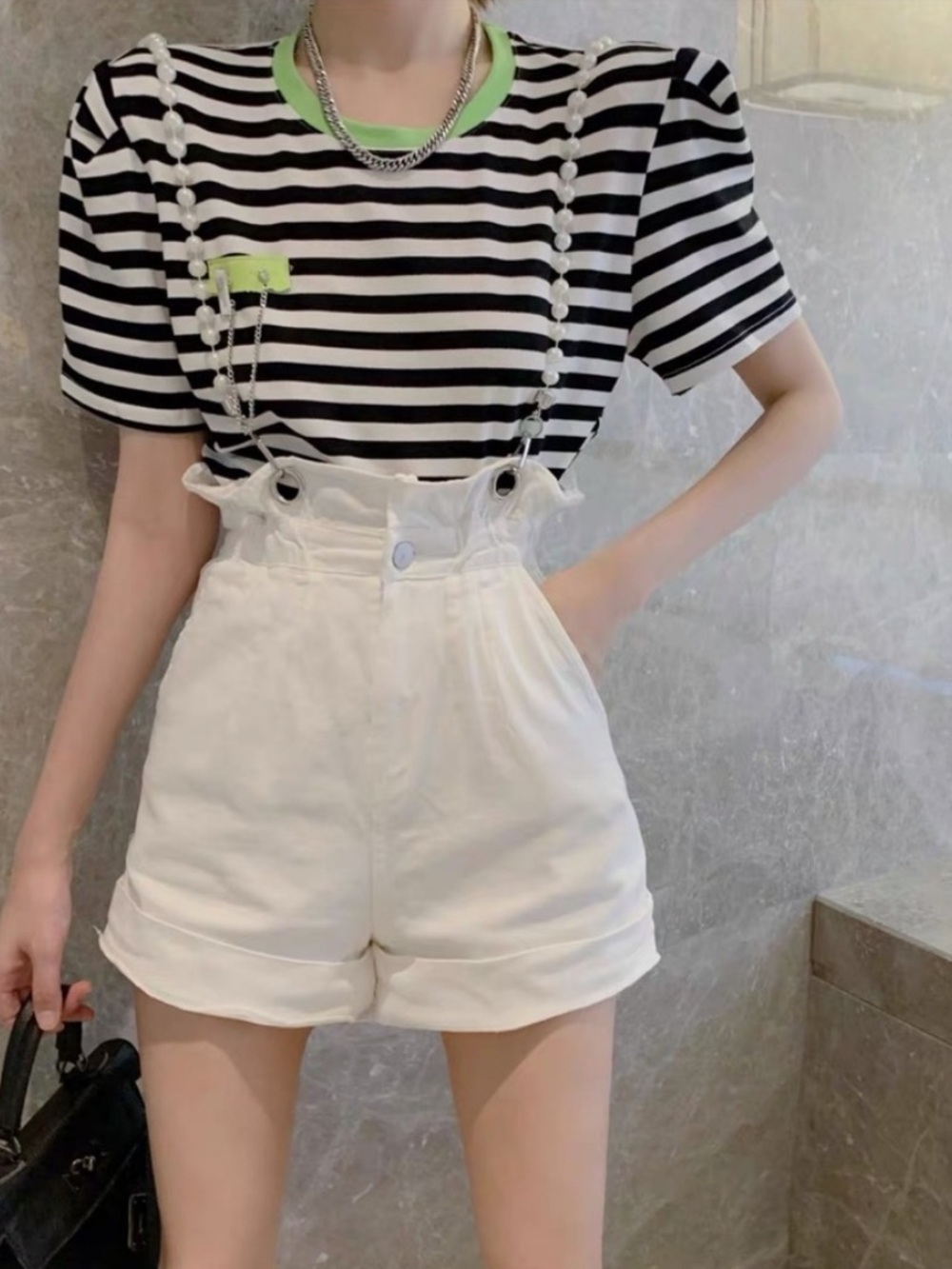 Black & White Striped Tee & Suspender Shorts Two-Piece Set